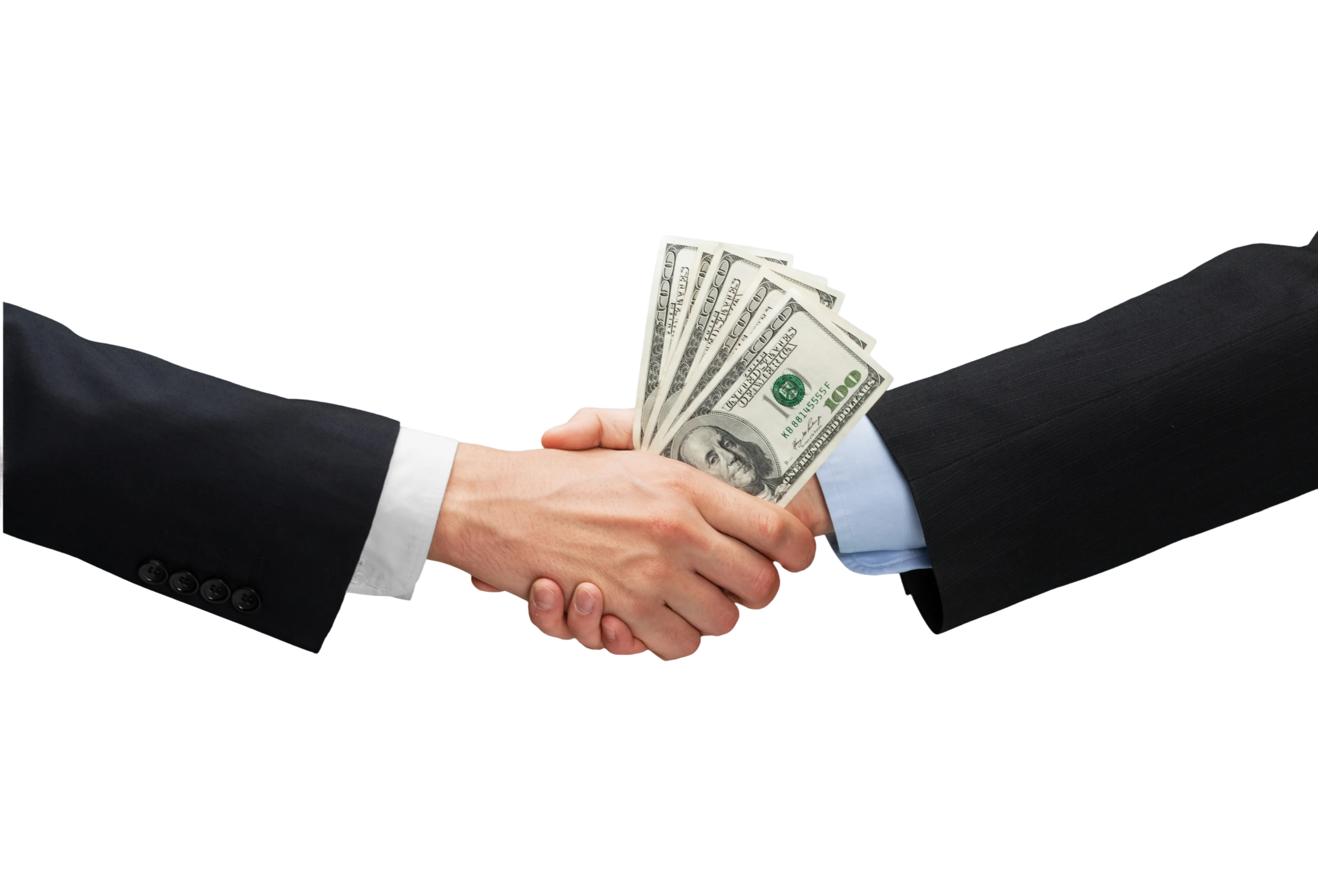A handshake between two people in business suits, with one person holding a fan of several one-hundred-dollar bills in their palm.