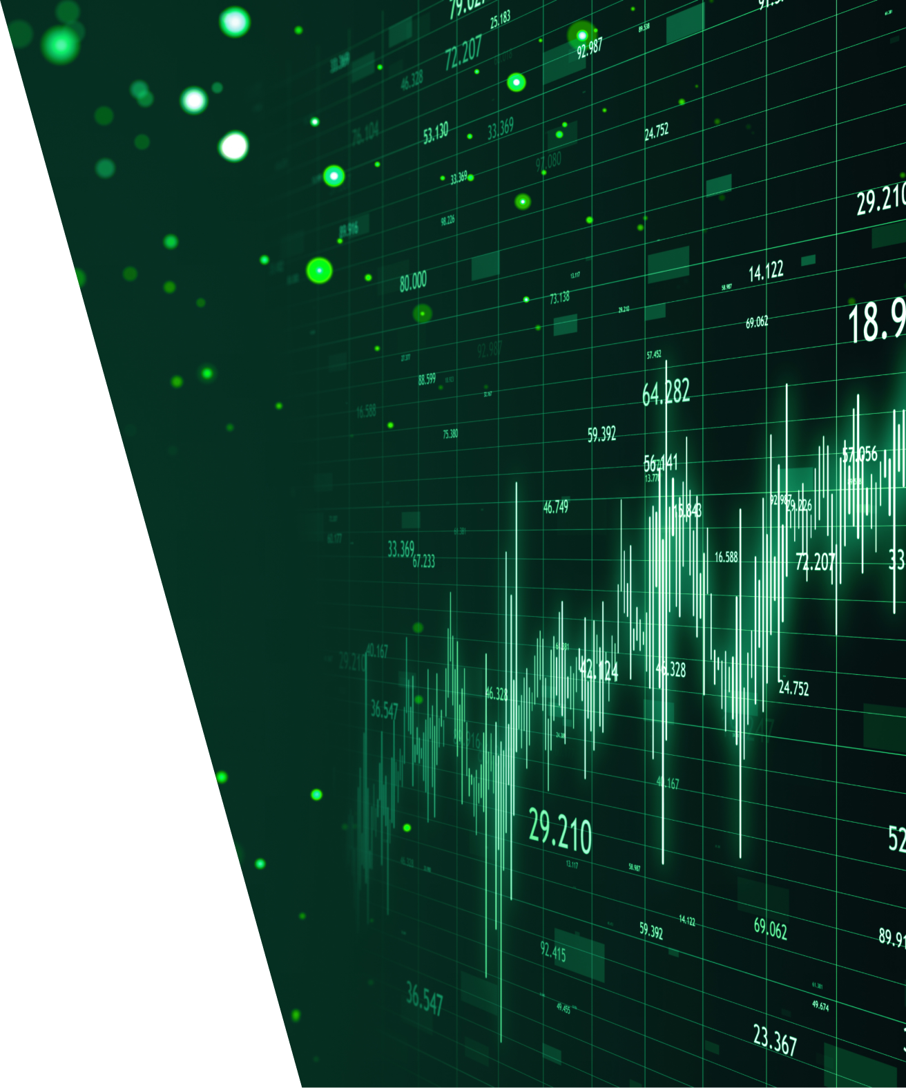 A glowing green digital candlestick chart showing upward market trends with floating data points and a bokeh background.