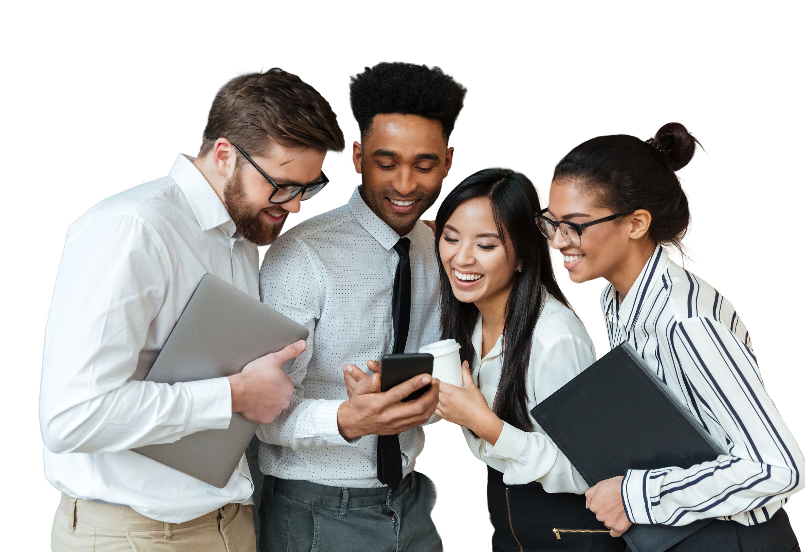 A diverse group of four young professionals smiling and looking at a smartphone together.