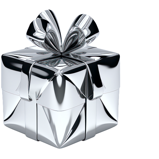 A 3D metallic chrome gift box with a ribbon