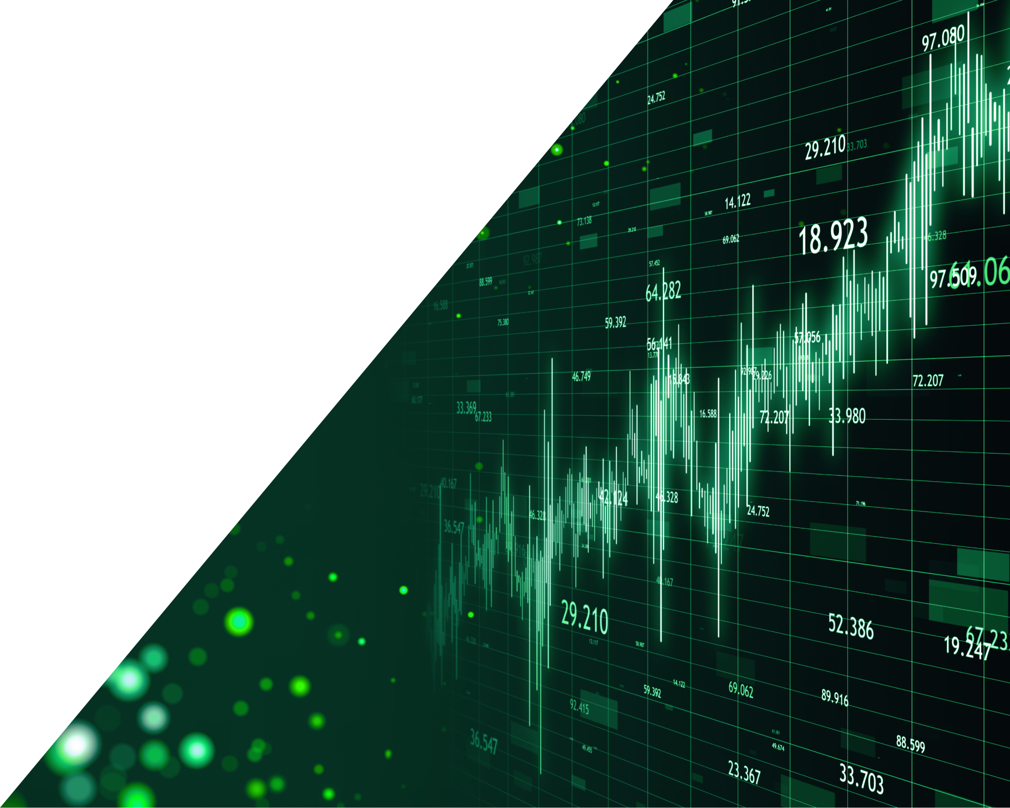 A glowing green digital candlestick chart showing upward market trends with floating data points and a bokeh background.